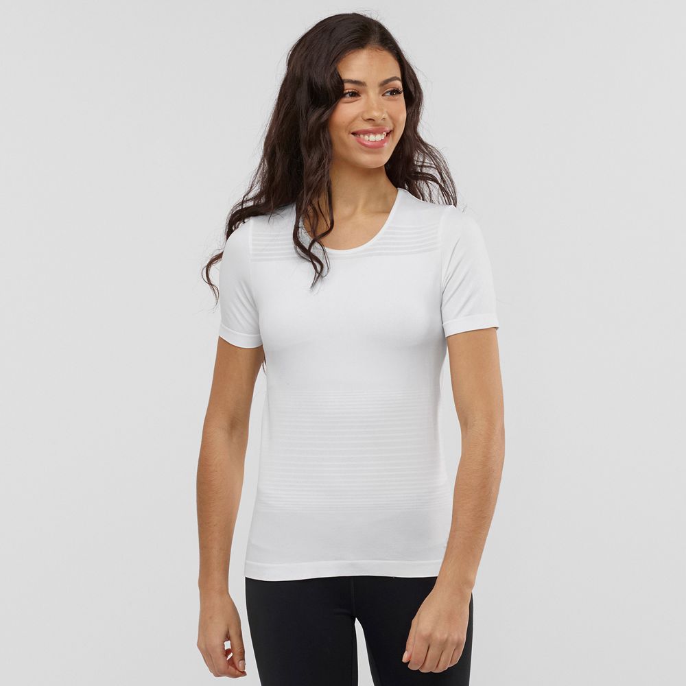 Salomon Singapore Womens T-shirts - ESSENTIAL MOVE ON SEAMLESS White | 41823-ZSBK